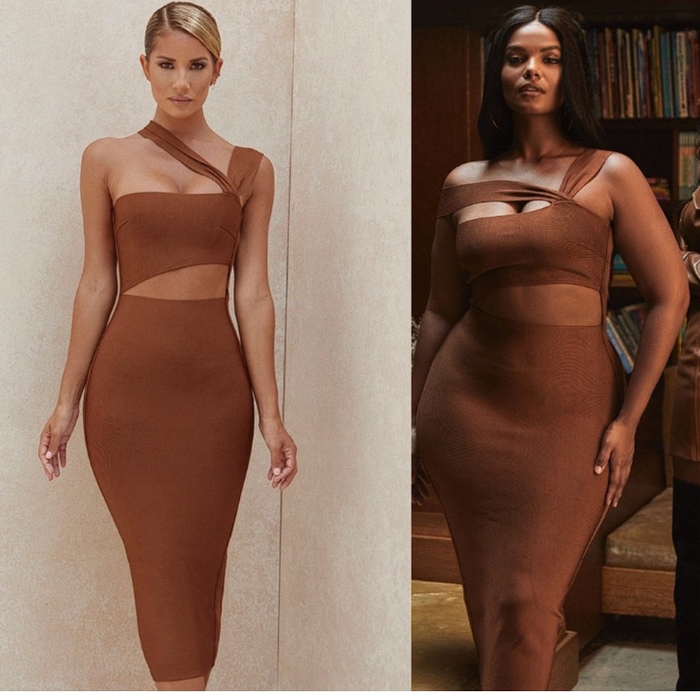 House of CB Aina Bodycon Bandage Midi Dress Brown Women's L+ (XL)